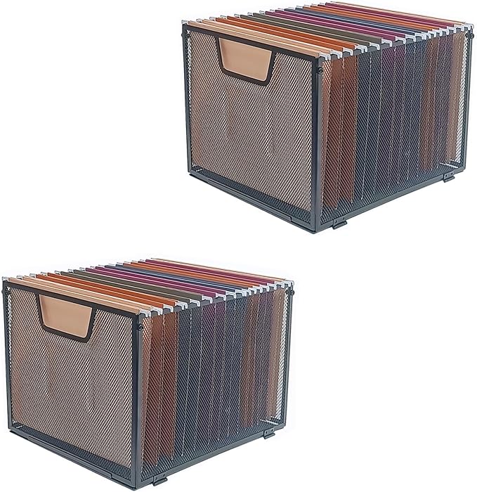 SREGGSIY 2 Pack Metal File Baskets,Hanging File Folder Organizer,Office File Box,Letter Size,Black (2)