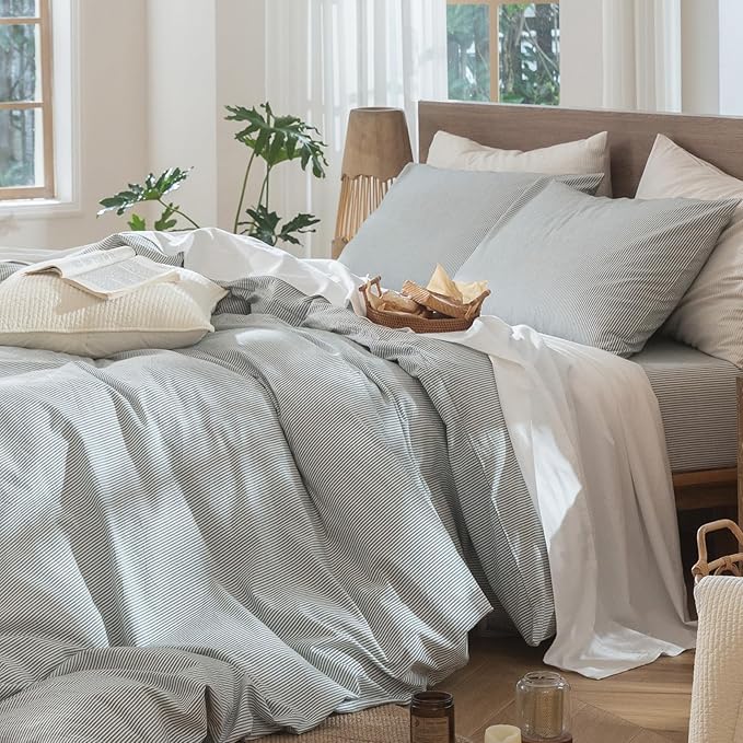 MooMee Striped Duvet Cover Set 100% Washed Cotton Linen Like Textured - Image 8