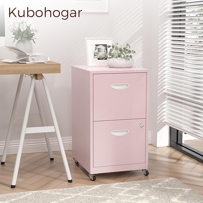 Kubohogar 2 Drawer Mobile File Cabinet with Lock, Pink Metal Filing Cabinets with Wheels, Vertical Rolling File Cabinet Fit Hanging Files, Letter and A4 Documents