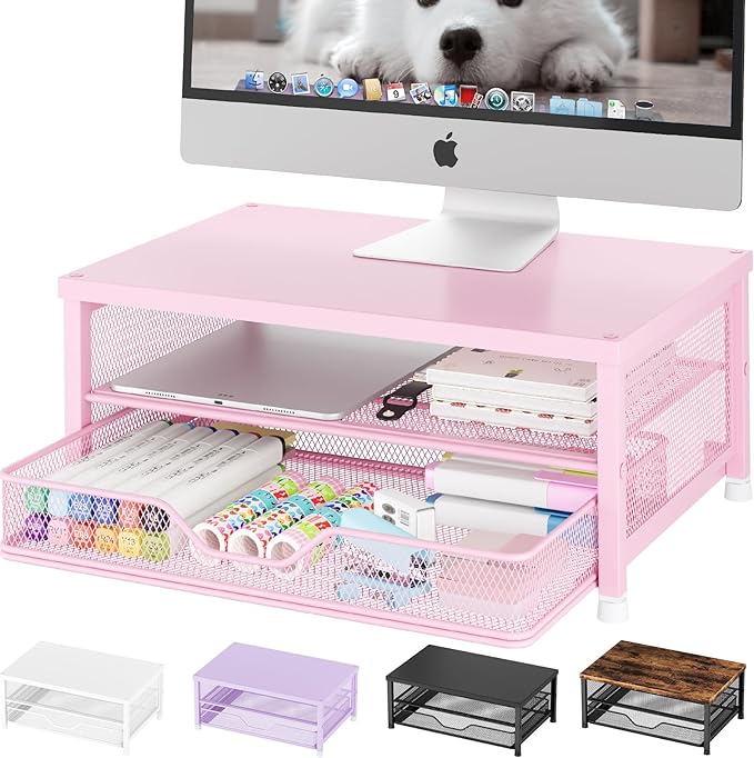 OPNICE Computer Monitor Stand Riser, Desk Organizer with Drawer, Laptop Stand, Office Desk Accessories & Workspace Desktop Organizers Storage for Office Supplies(Pink)
