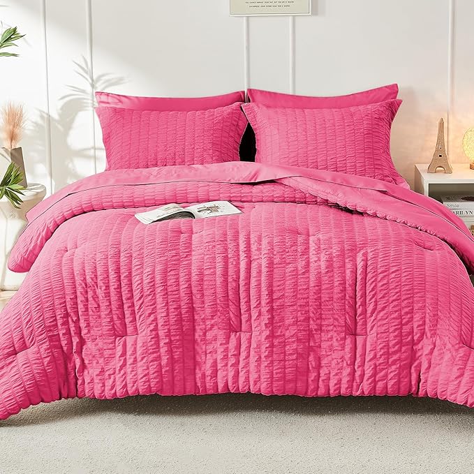 HYMOKEGE Hot Pink Full Size Comforter Sets Seersucker 7 Pieces, All Season - Image 9