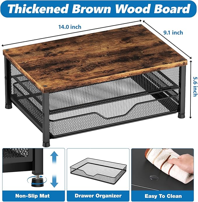 OPNICE Wood Computer Monitor Stand Riser, Desk Organizer with Drawer, Laptop Stand, Office Desk Accessories & Workspace Desktop Organizers Storage for Office Supplies(Brown)