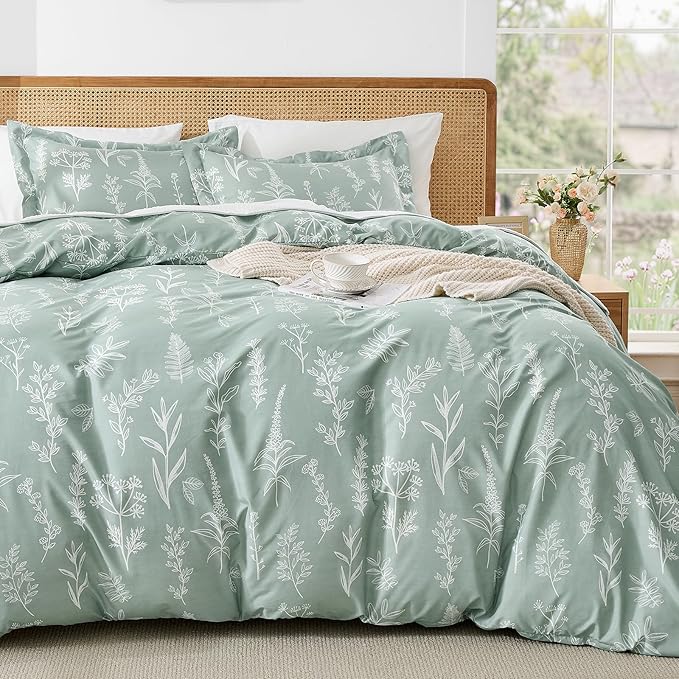 MUXHOMO Duvet Cover King Size, Reversible Floral Green Duvet Cover Set by MUXHOMO