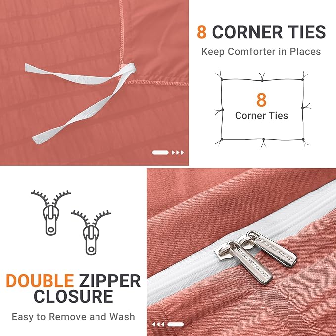 HYMOKEGE Coral Red Duvet Cover King Size, Ultra Soft 3-Piece Seersucker Duvet - Image 4