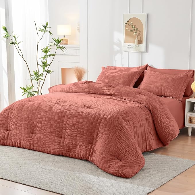 HYMOKEGE Coral Queen Comforter Set Seersucker 7 Pieces, All Season Luxury Bed - Image 8