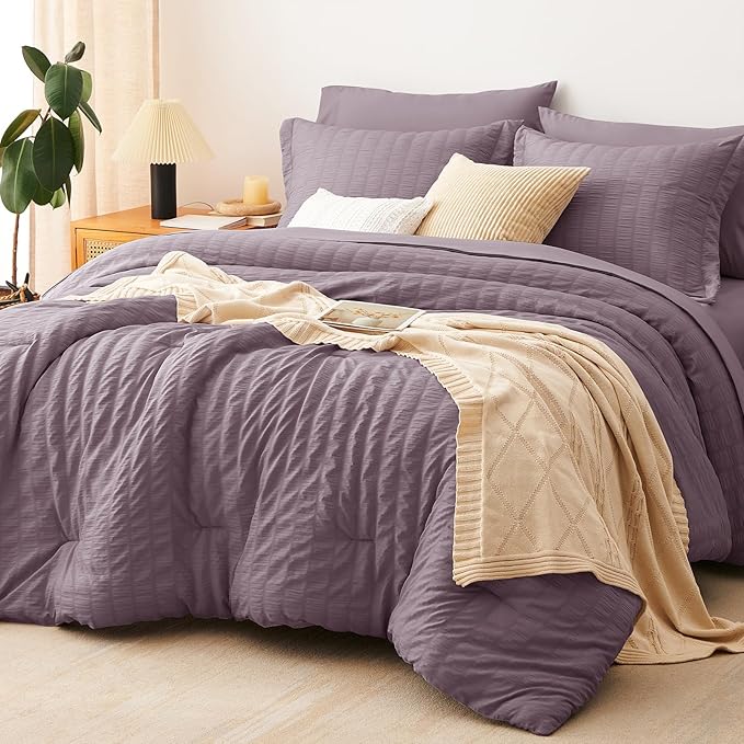 CozyLux Oversized Queen Comforter Set Dusty Purple Seersucker 7 Pieces 98x98 by CozyLux