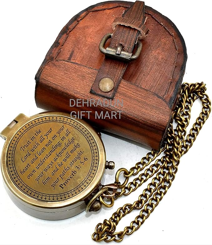 ''Trust in The Lord'' Proverb3:5-6 Special Bibal Quote Scriptue Engraved Compass with Leather Case Guidance Gift | Religious Gift Compass | Baptism Gift | Graduation Gift Compass