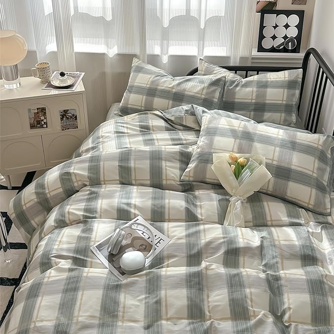 mixinni Green Grid Duvet Cover Set Twin - Image 2