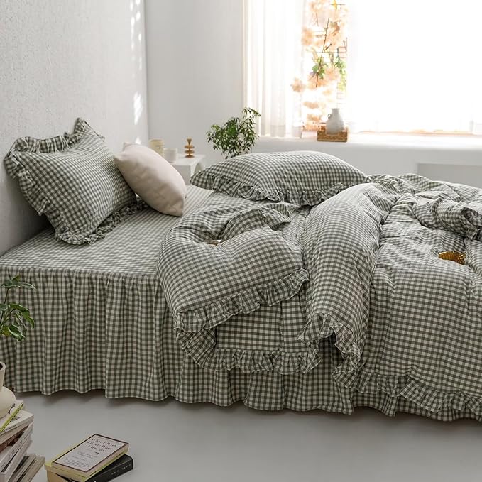 mixinni Green Ruffle Duvet Cover King Size 3 Pieces – 100% Washed Cotton - Image 4