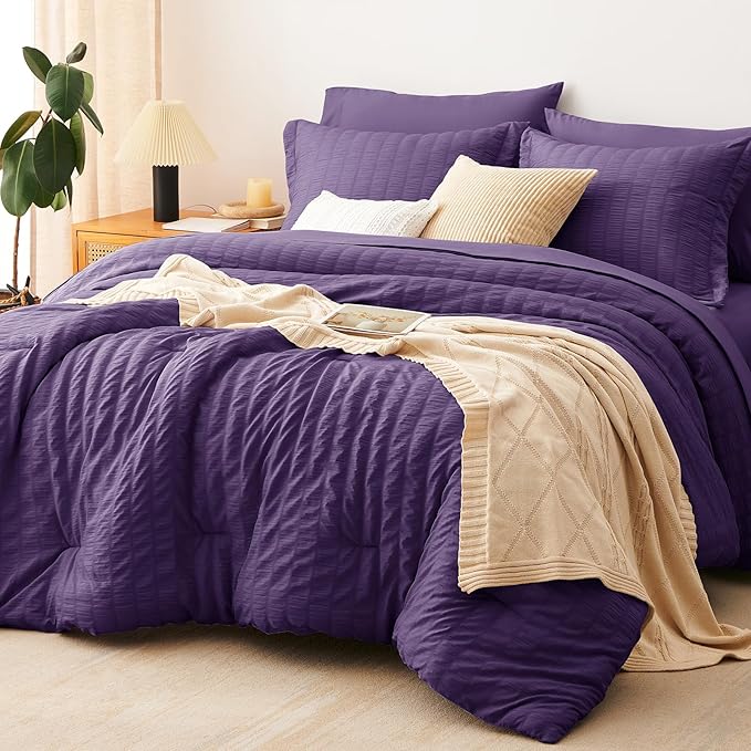 CozyLux Queen Comforter Set Purple Seersucker 7 Pieces Bed in a Bag Queen by CozyLux