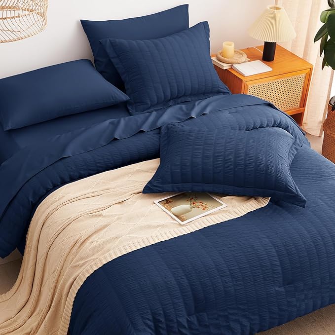 CozyLux Queen Comforter Set Navy Blue Seersucker 7 Pieces Bed in a Bag Queen - Image 6