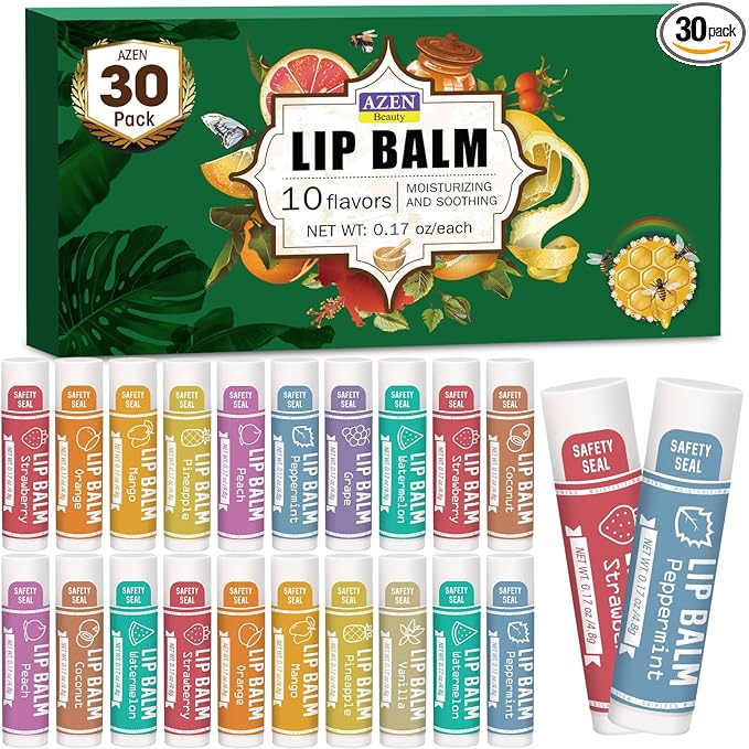 AZEN 30 Pack Lip Balm, Natural Lip Balm Bulk, Lip Care Product, Moisturizing by AZEN