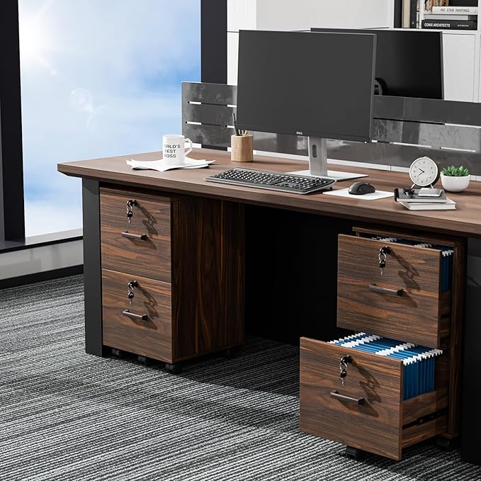 VINGLI 2 Drawer File Cabinet with Lock, Wood Dark Brown File Cabinets for Letter Size File Folders with Tabs, Under Desk Rolling Filing Cabinet for Home Office, Mobile File Organizer Printer Stand