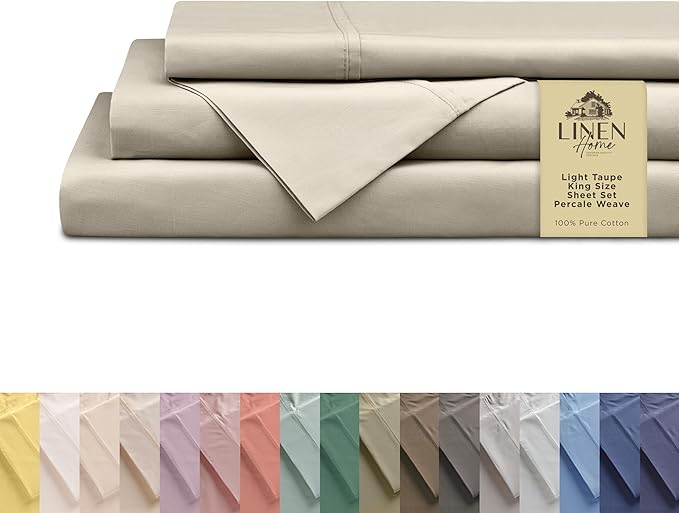 Linen Home 100% Cotton Percale Sheets King Size, Light Taupe, Deep Pocket by LINENHOME