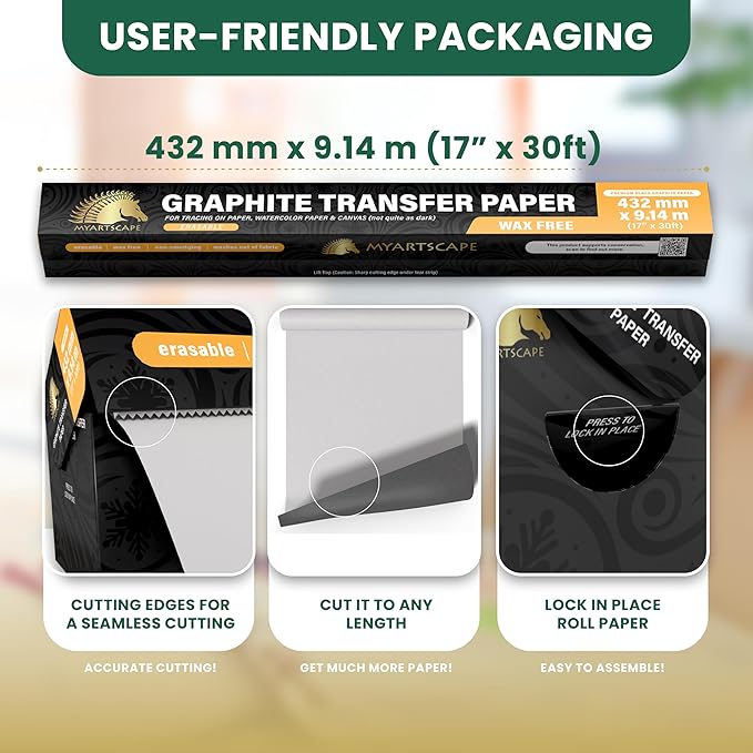 MyArtscape Graphite Transfer Paper Roll, Wax-Free, 17" x 15ft Transfer Paper Roll, Graphite Paper, Precise Carbon Paper Ideal as tracing Paper for Drawing