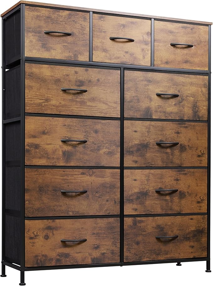 WLIVE Tall Dresser for Bedroom, Fabric Dressers Storage Tower, Dresser & Chest of Drawers Organizer Unit with 11 Drawers, Storage Cabinet, Hallway, Closets, Steel Frame, Wood Top, Rustic Brown