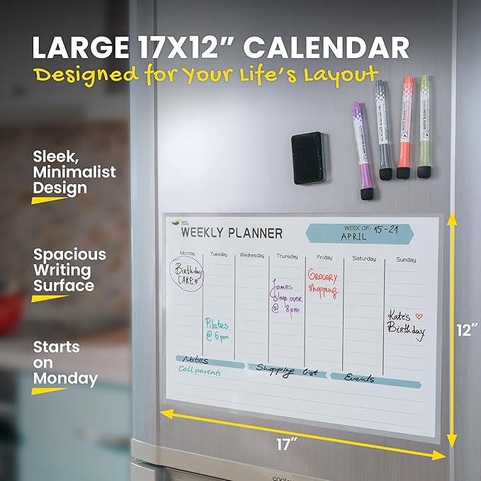 Magnetic Weekly Planner for Fridge - 17x12” Stain-Resistant Dry Erase Whiteboard Fridge Calendar with Large Writing Space for Schedules, Chores & Meals - Includes 4 Markers & Eraser