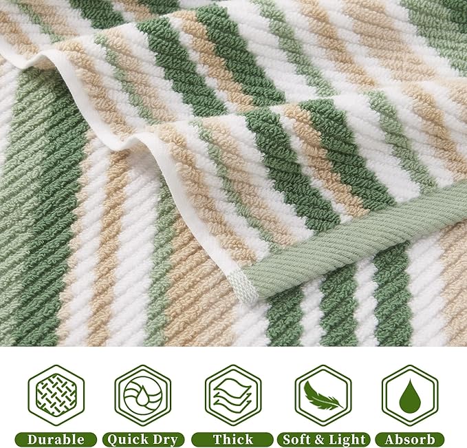 Green Bath Towels Set of 4, Striped Bath Towels - Image 2