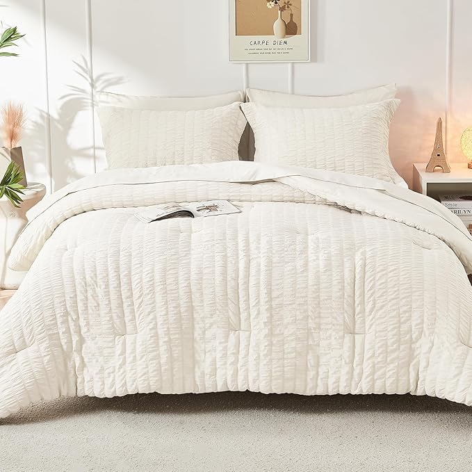 HYMOKEGE Ivory Twin Comforter Set Seersucker 5 Pieces, All Season Luxury Bed in - Image 9