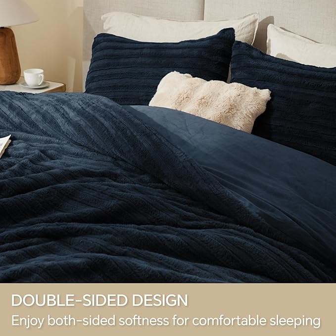 BEDELITE Fleece King Comforter Set -Super Soft & Warm Fluffy Navy Faux Fur - Image 4