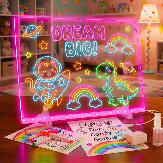 LED Note Board 13.7"x10" - Light Up Acrylic Dry Erase Board with 7 Colors & 4 Modes, Includes Adapter, Hanging Chain, Stand & Markers, Drawing Board for Home & Classroom, Creative Gift for Teens