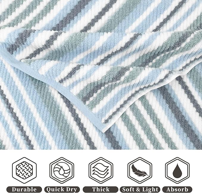 Blue Striped Towels Set of 3, 100% Cotton, Quick Dry, Soft & Absorbent Luxury - Image 2