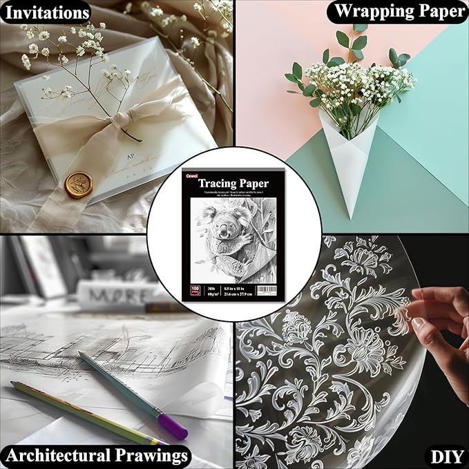 Tracing Paper for Drawing, 8.5”x11 Trace Paper, 100 Sheets (38 lb/ 60 GSM) Translucent Vellum Paper, Tracing Paper Pad for Sketching, Drawing, Overlaying Images, Vellum Art Papers.