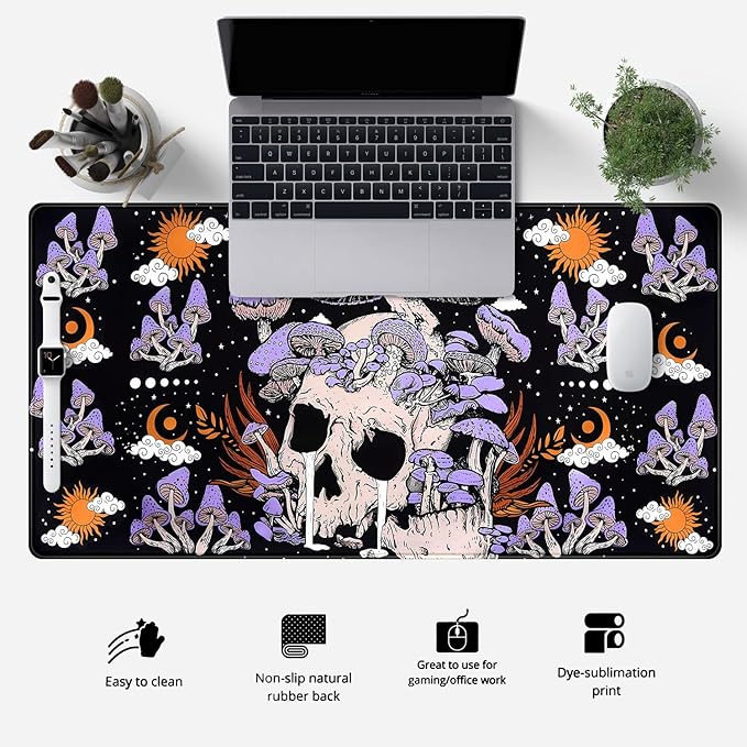 Black Mouse Pad Mushroom Desk Pad Skull Skeleton Purple Pc Laptop Office Keyboard Mouse Pads, Large Gaming Setup Office Extra Large Deskmat Laptop Mousepad 31.5x15.8 in-with Stitched Eges