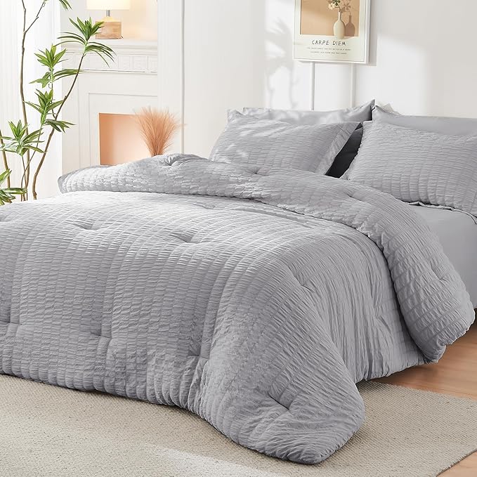HYMOKEGE Light Grey California King Comforter Set Seersucker 7 Pieces, All - Image 8