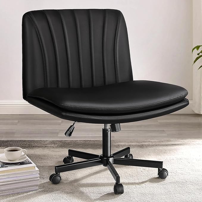 PUKAMI Criss Cross Chair with Wheels,PU Leather Armless Cross Legged Office Vanity Desk Chair for Home Office,Modern Swivel Height Adjustable Wide Seat(Black)