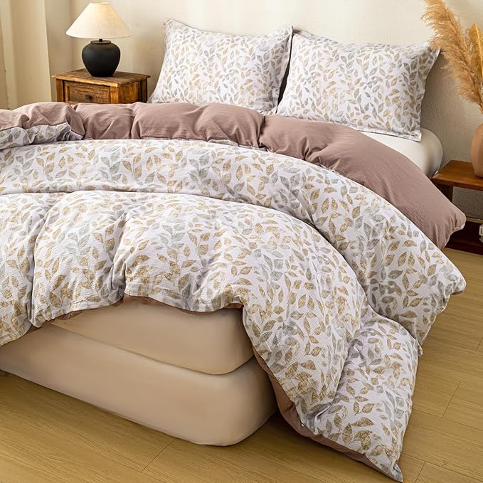 OAITE Coffee Leaves Twin Size Duvet Cover-3 Pieces Prewashed Cotton-Like - Image 2