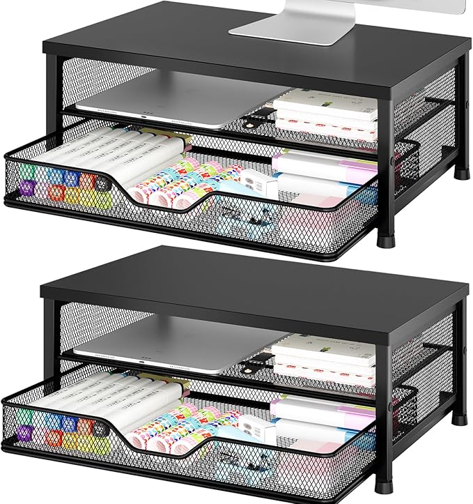 OPNICE Computer Monitor Stand Riser, Desk Organizer with Drawer, Laptop Stand, Office Desk Accessories & Workspace Desktop Organizers Storage for Office Supplies(Black 2-Pack)
