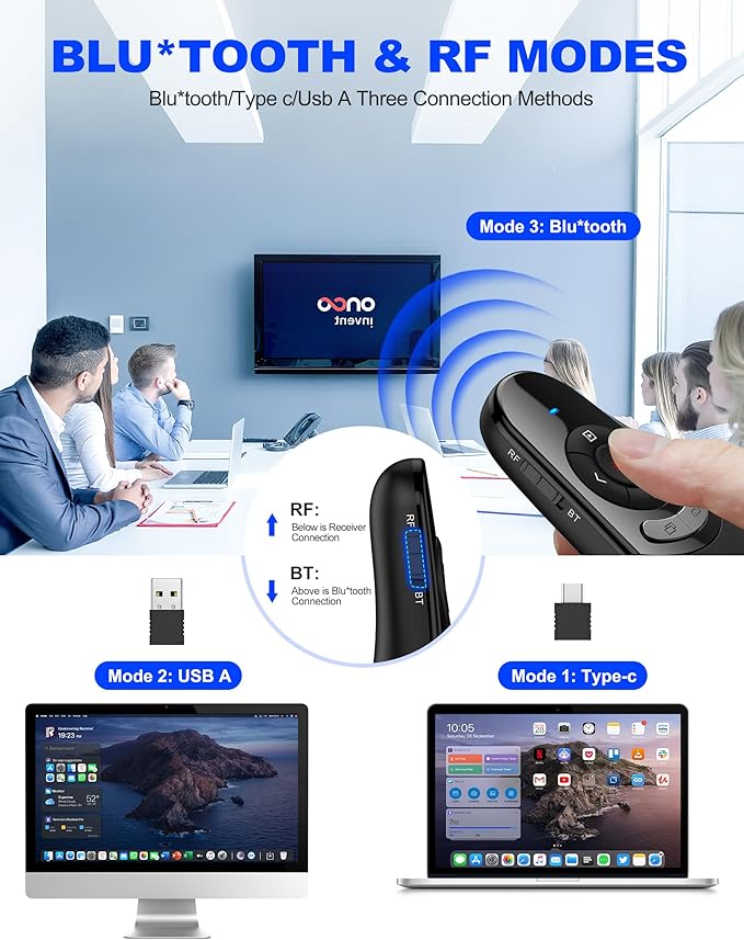 DinoFire USB Type C Wireless Presentation Clicker, BT&RF 2.4GHz Dual Modes Presenter Remote for PowerPoint Presentations Compatible with Bluetooth-Enabled Laptops Desktop Computers