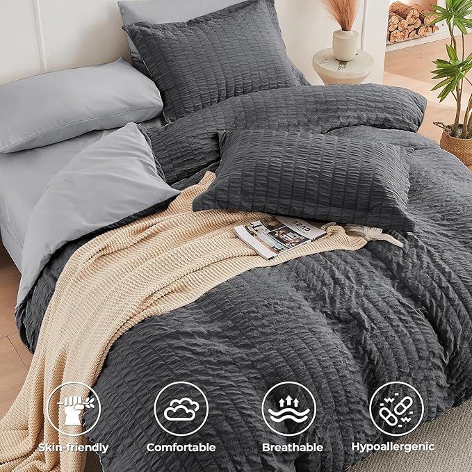 HYMOKEGE Dark Grey/Light Grey Full Size Comforter Sets Seersucker 7 Pieces - Image 3