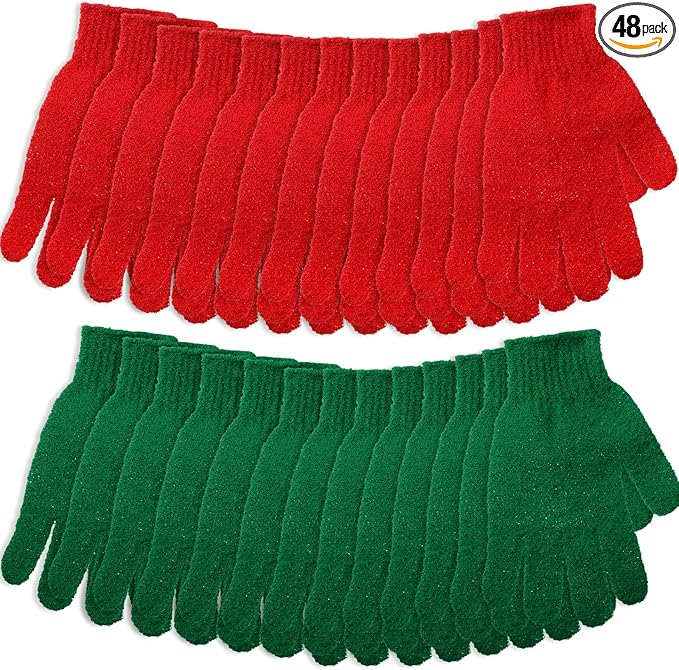 48 Pcs Red and Green Exfoliating Gloves Shower Gloves Bulk Christmas Stocking by Unknown