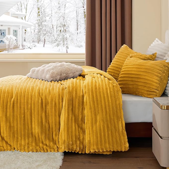 BEDELITE Fleece California King Comforter Set -Super Soft & Warm Fluffy Mustard - Image 4