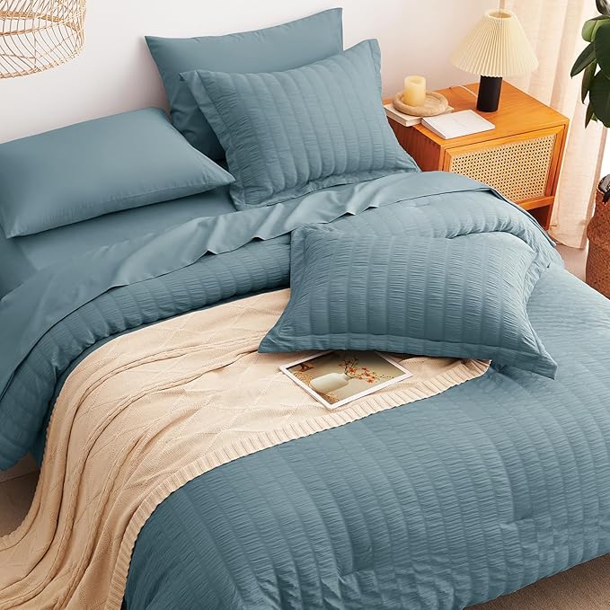 CozyLux Queen Comforter Set Mineral Blue Seersucker 7 Pieces Bed in a Bag Queen - Image 6