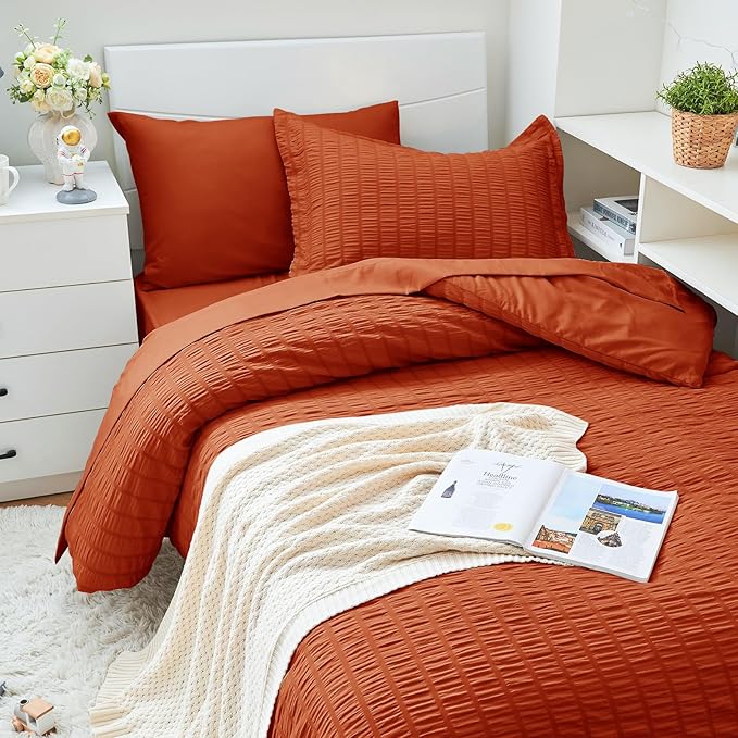 HYMOKEGE Burnt Orange Twin XL Comforter Set Seersucker 5 Pieces, All Season - Image 2
