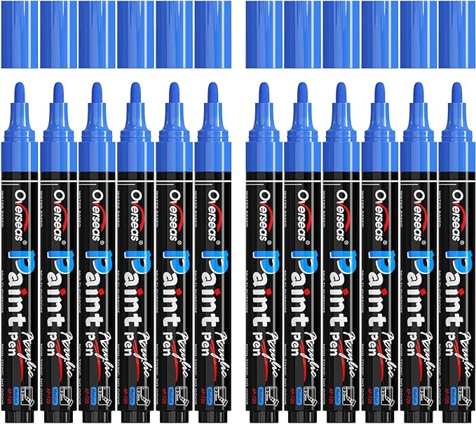Overseas Blue Paint Pens Paint Markers - Permanent Acrylic Markers 12 Pack, Water-Based, Quick Dry, Waterproof Marker Pen for Rock, Wood, Plastic, Metal, Canvas, Glass, Fabric, Mugs. Medium Tip