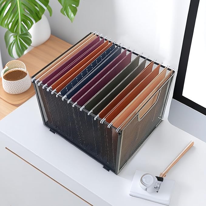 SREGGSIY 2 Pack Metal File Baskets,Hanging File Folder Organizer,Office File Box,Letter Size,Black (2)