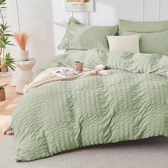 HYMOKEGE Light Green Queen Comforter Set Seersucker 7 Pieces, All Season Luxury - Image 2
