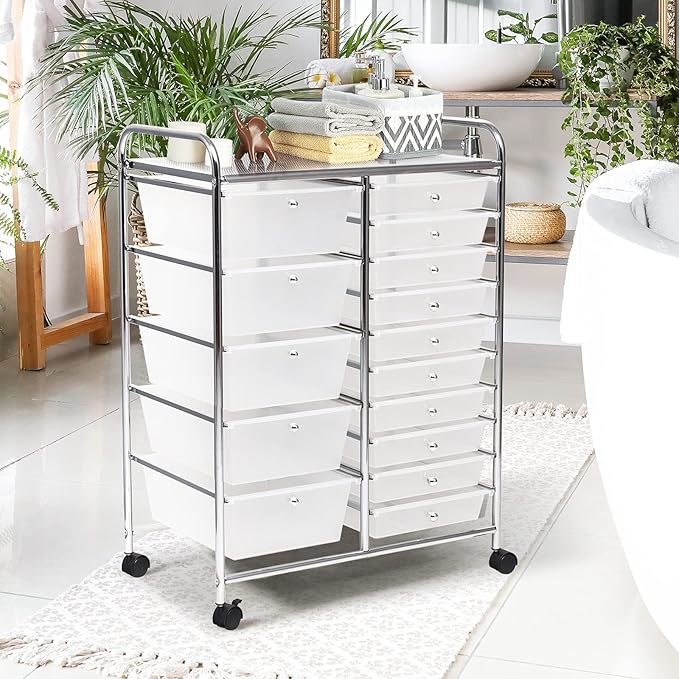 GOFLAME 15-Drawer Rolling Storage Cart, Craft Storage Cart with Removable Drawers & Lockable Wheels, Art Cart Supply Storage Organizer for Home Office Classroom, Clear