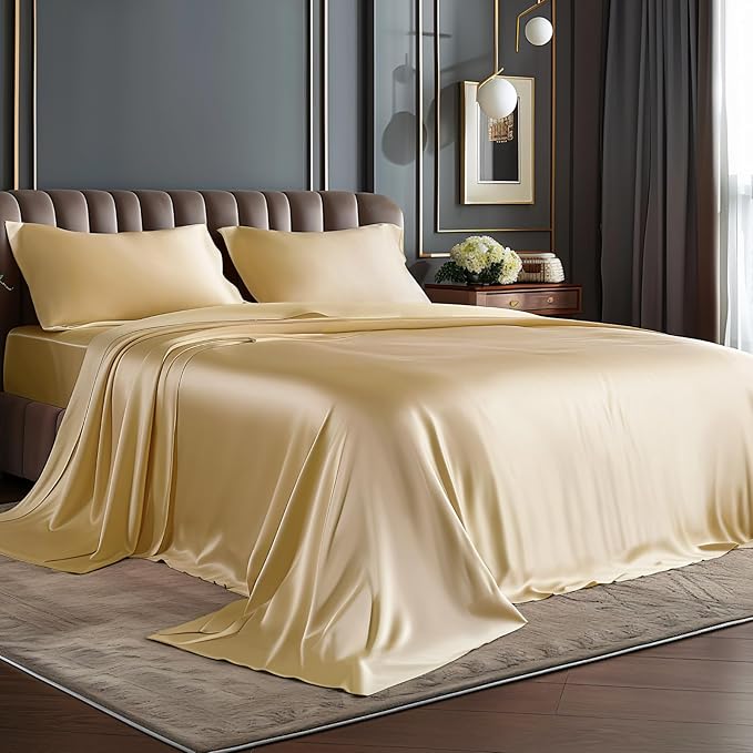 BEDELITE Satin Sheets Twin XL Size Bed Set, Luxury Soft Champagne Silky Sheet by BEDELITE