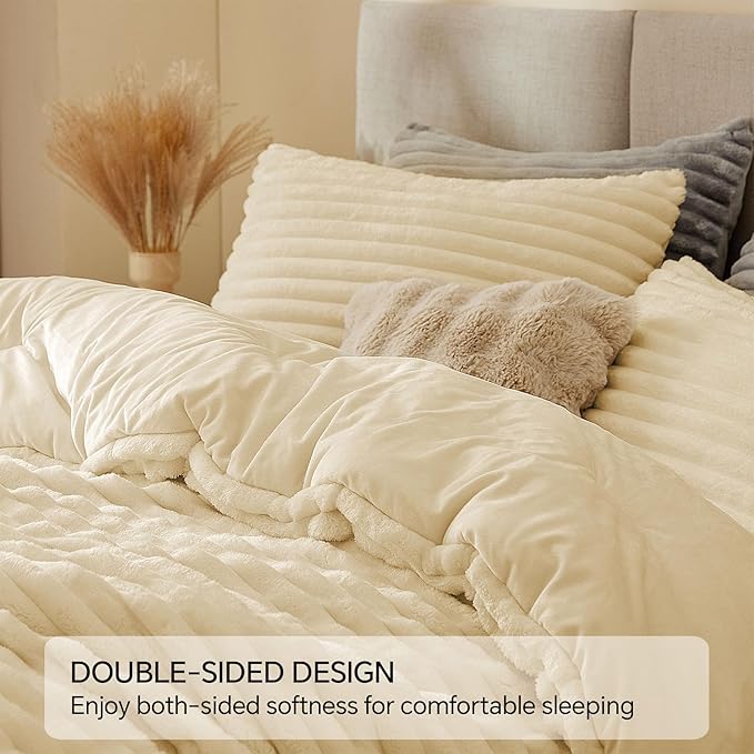 BEDELITE Fleece King Comforter Set -Super Soft & Warm Fluffy Beige Bedding - Image 4