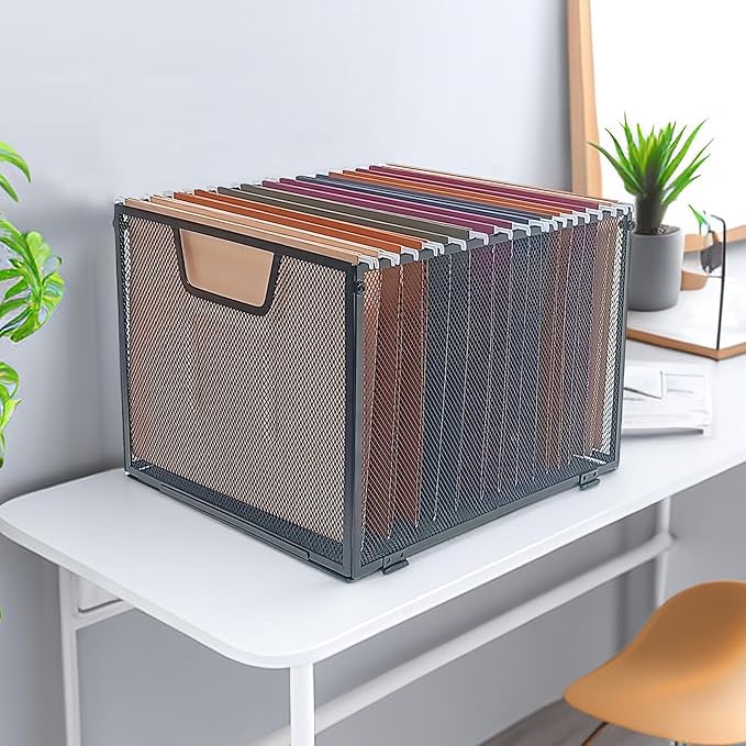 SREGGSIY 2 Pack Metal File Baskets,Hanging File Folder Organizer,Office File Box,Letter Size,Black (2)