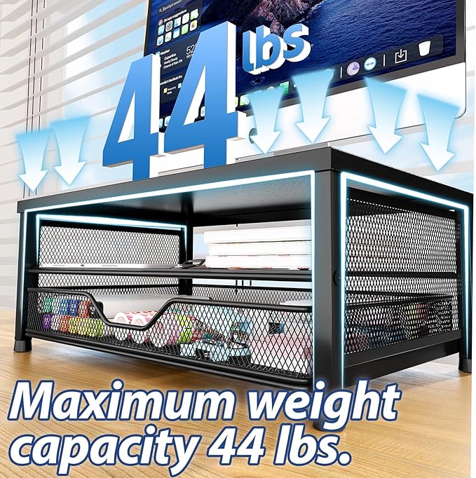 OPNICE Computer Monitor Stand Riser, Desk Organizer with Drawer, Laptop Stand, Office Desk Accessories & Workspace Desktop Organizers Storage for Office Supplies(Black)