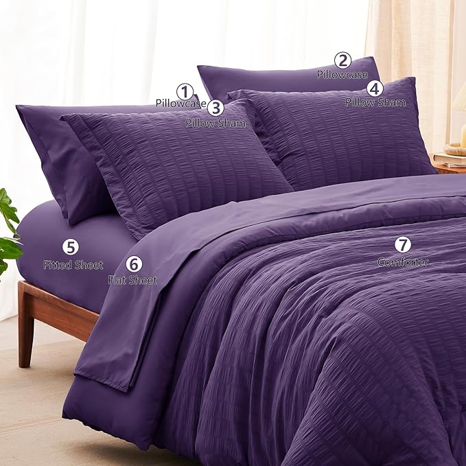 CozyLux Queen Comforter Set Purple Seersucker 7 Pieces Bed in a Bag Queen - Image 8