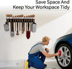 Wall Mount Brush Holder & Tool Hanger Rack for Garage, Detailing Organizer with Mounting Hardware - Holds 12 Brushes + Hooks for Towels & Tools