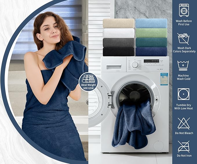 8 Piece Bathroom Towel Set Navy Blue |2 Oversized Large Bath Towels Sheet - Image 5