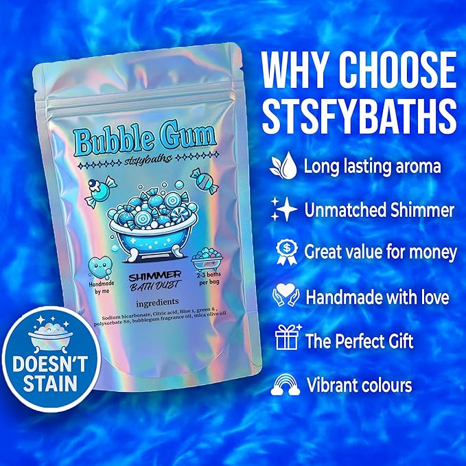 Sky Blue Bubblegum Shimmer Bath Bomb in A Bag - Image 5